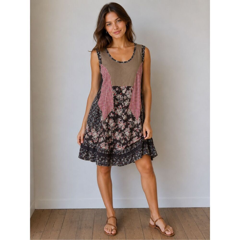 Alexo Patchwork Cotton Boho Dress EU 44/ L Floral Sleeveless Tunic Lagenlook
